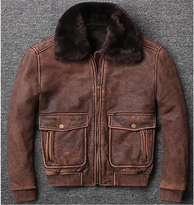 

air force winter flight fur collar vintage cow men brown pilot coat men's leather bomber jacket