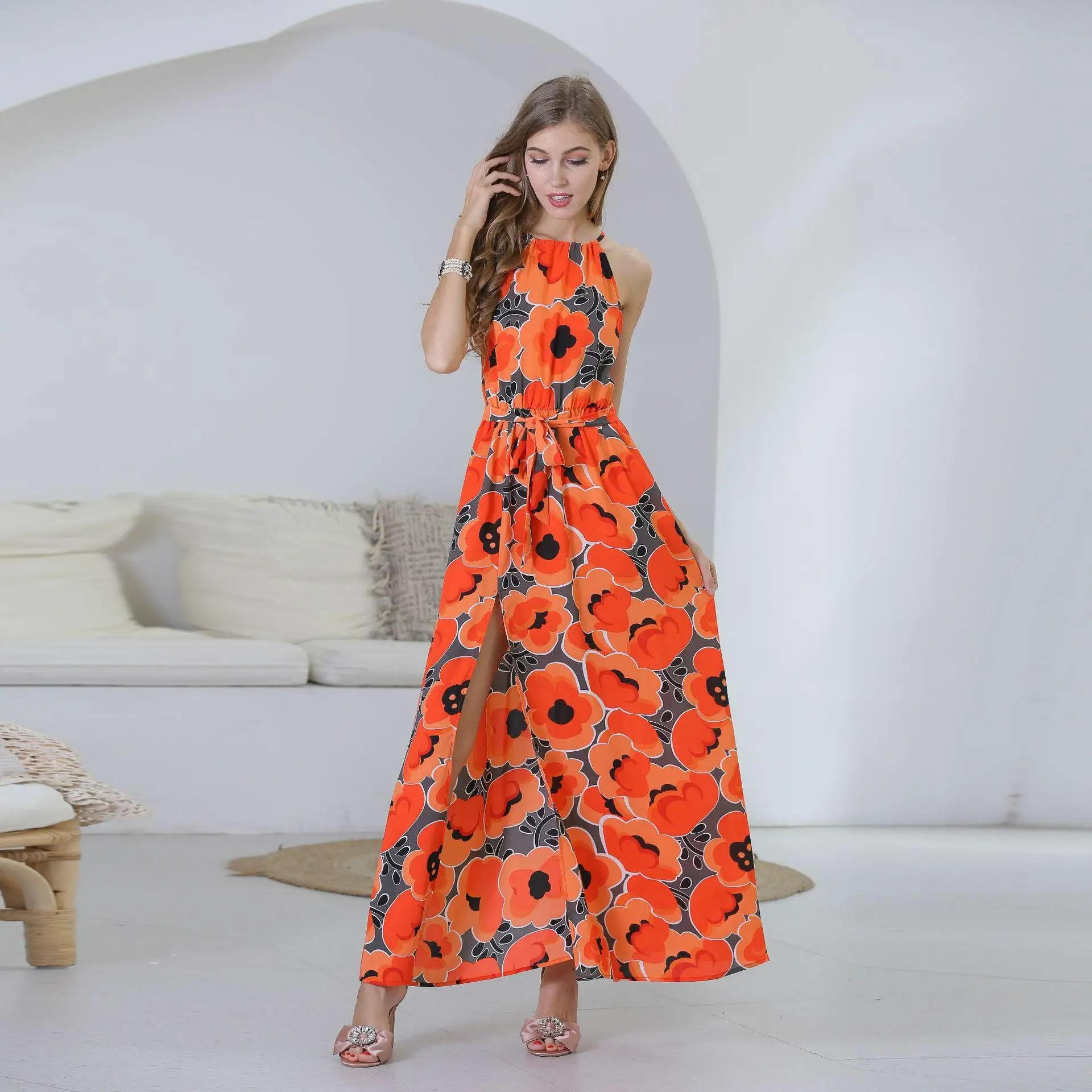 Женское шифоновое платье с принтом Луи Джейсона Летнее Длинное без рукавов на