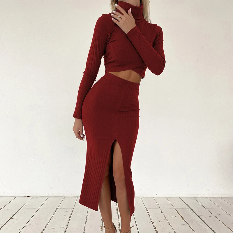 

Women's New Winter Stretch Knitted Skirt High Neck Fashion T-Shirt High Waist Bag Hip Split Skirt All-Match Casual Skirt Suit