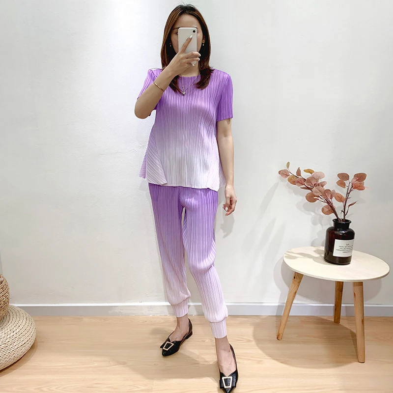 

CHICEVER Casual Two Piece Set For Women O Neck Short Sleeve Loose T Shirt High Waist Full Length Pants Female Sets 2021 Clothing