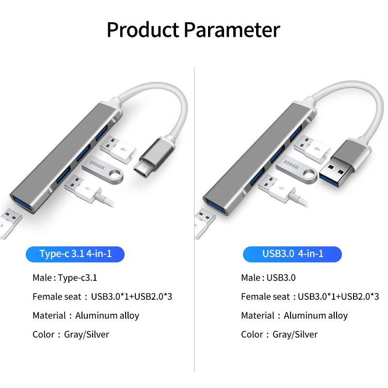 

4 Port Usb Hub Otg Usb C 3.0 Splitter for Computer Laptop Otg Adapter Metal Cable Extender for Smartphone Charge Data Transfer