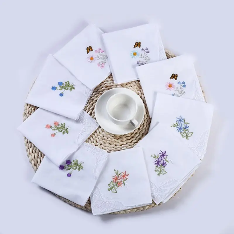 

5Pcs/Set 11x11 Inch Womens Cotton Square Handkerchiefs Floral Embroidered with Butterfly Lace Corner Pocket Hanky