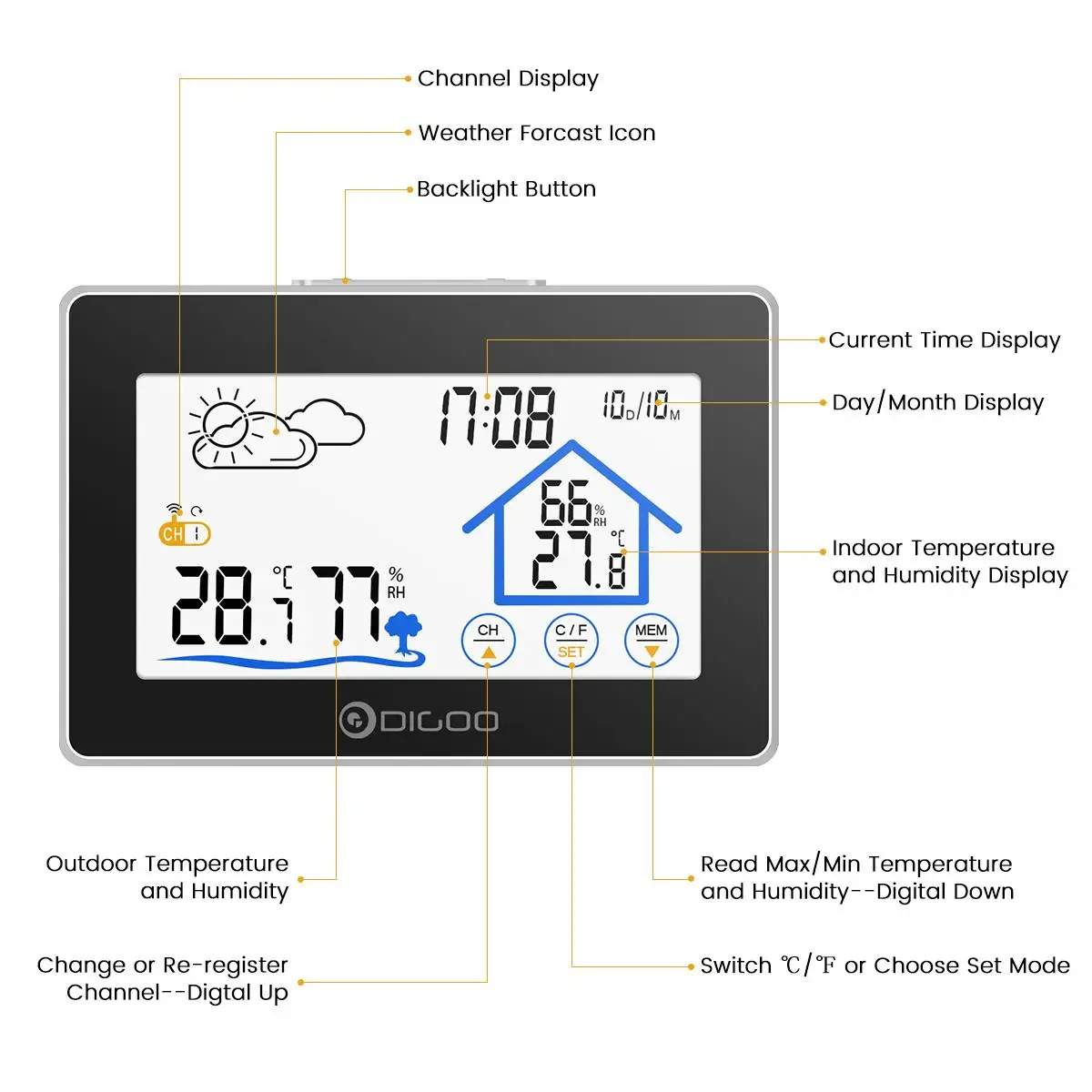 Digoo DG-TH8380 Беспроводной сенсорный экран для дома и улицы/Погодная станция с погоды