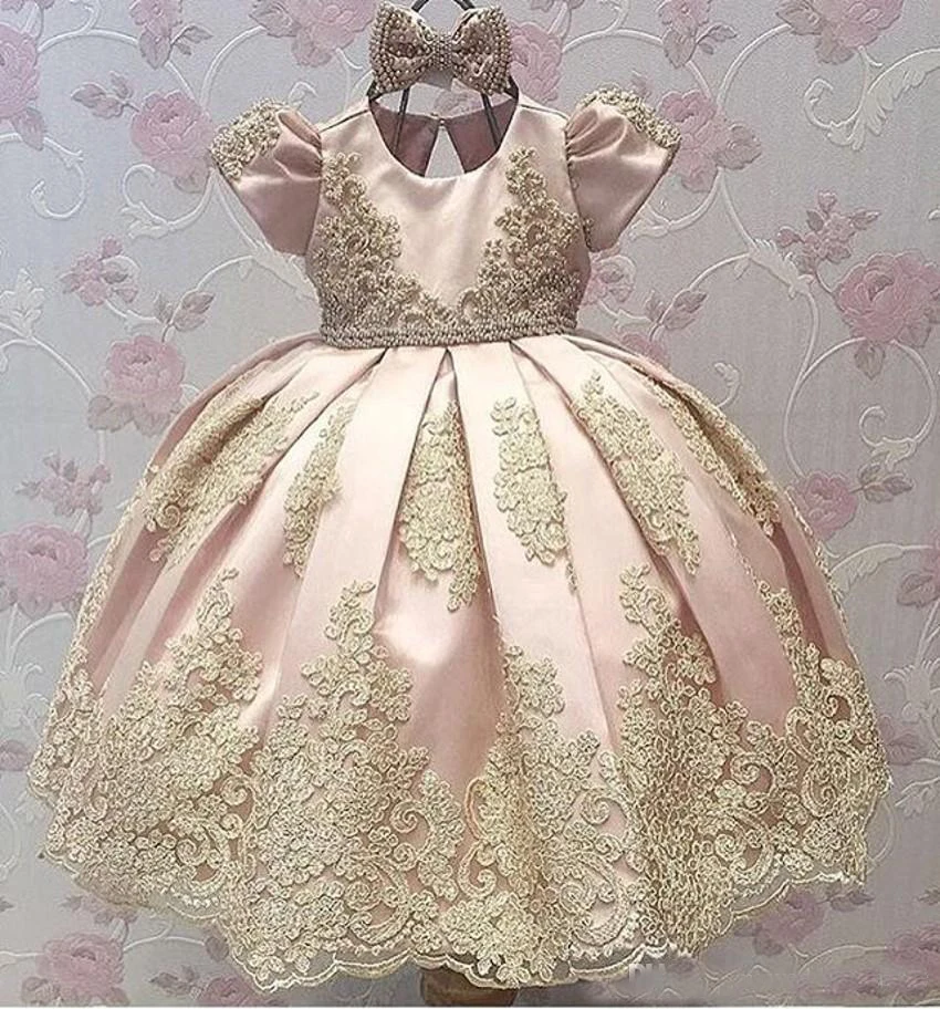 Розовое Бальное платье для маленьких девочек платья с цветами золотой