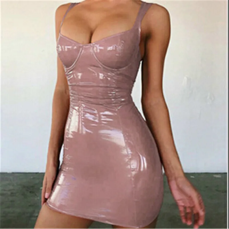 

2021 Faux Leathe Dress Sexy Backless Club Party Dresses Solid Black Latex Bodycon Push Up Bra Mini Micro Dress Leotard Vestidos