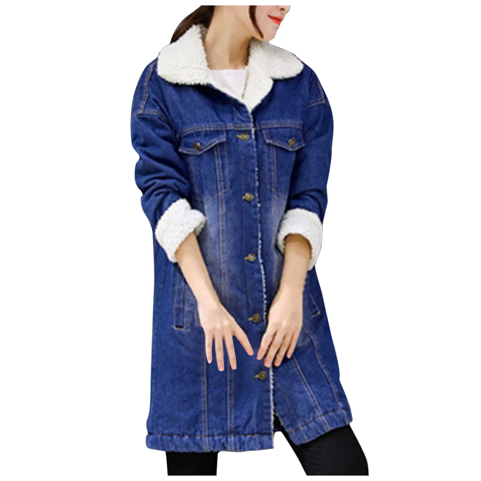 

Зимние женские джинсовые куртки, утепленная Теплая Флисовая длинная джинсовая куртка в стиле панк, верхняя одежда с длинным рукавом, пальто...
