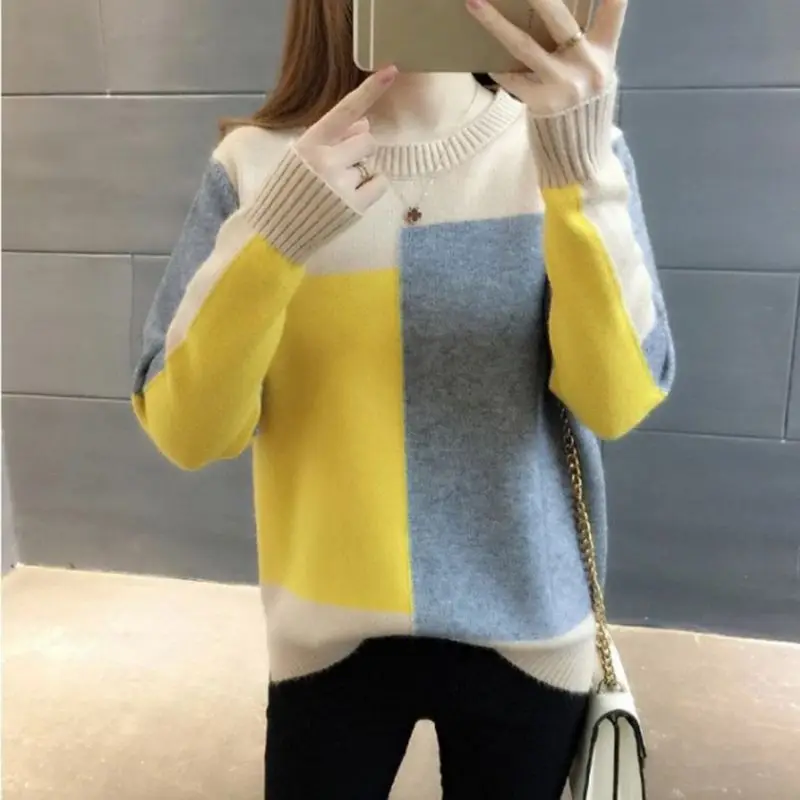 

2020 Korean Style Contrast Color Sweater Autumn Winter Women Long Sleeve Basic Jumper Sweater Casual Loose Knitted Pullover