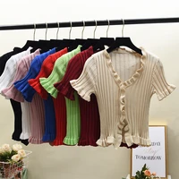 women ruffles knitted short flare sleeve cropped sweaters cardigans lady single breasted summer thin sweater crop tops female