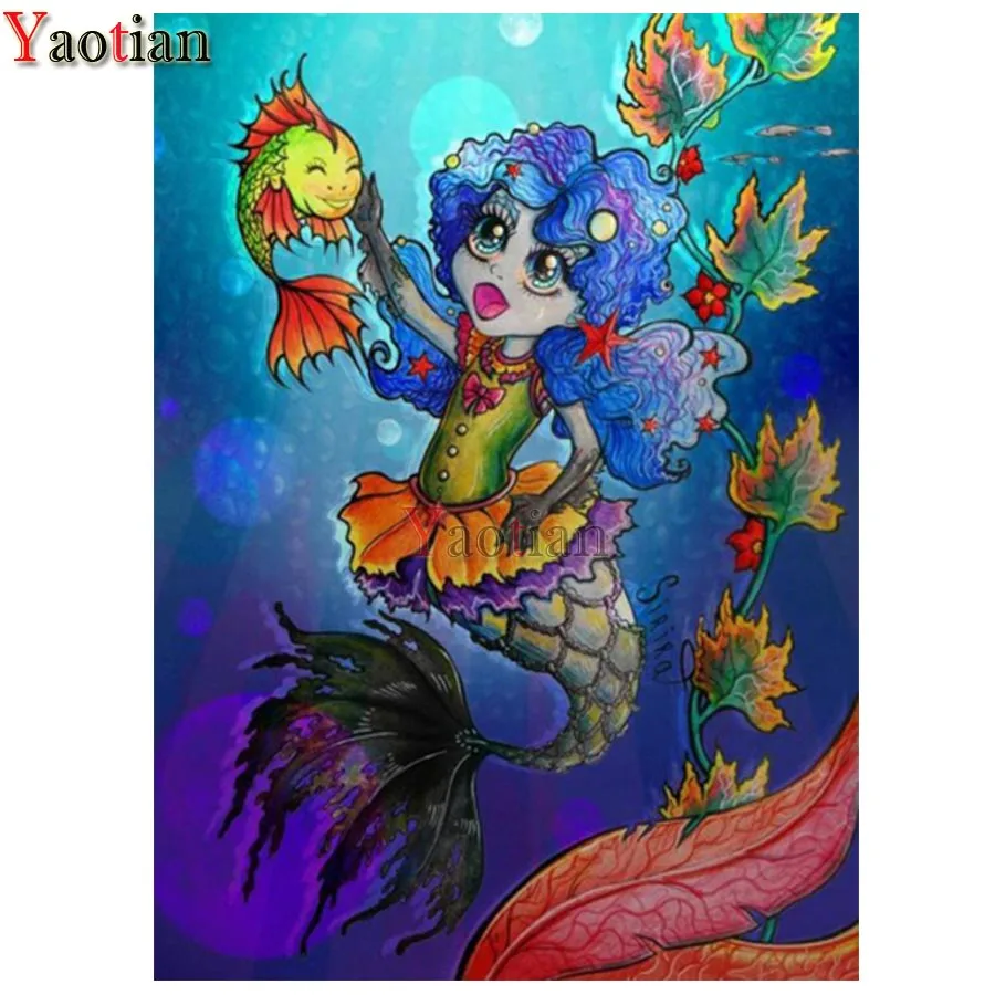

Алмазная вышивка с изображением милой девушки русалки, настенная живопись, принцессы, рыбы, морской пейзаж, украшение для дома и офиса
