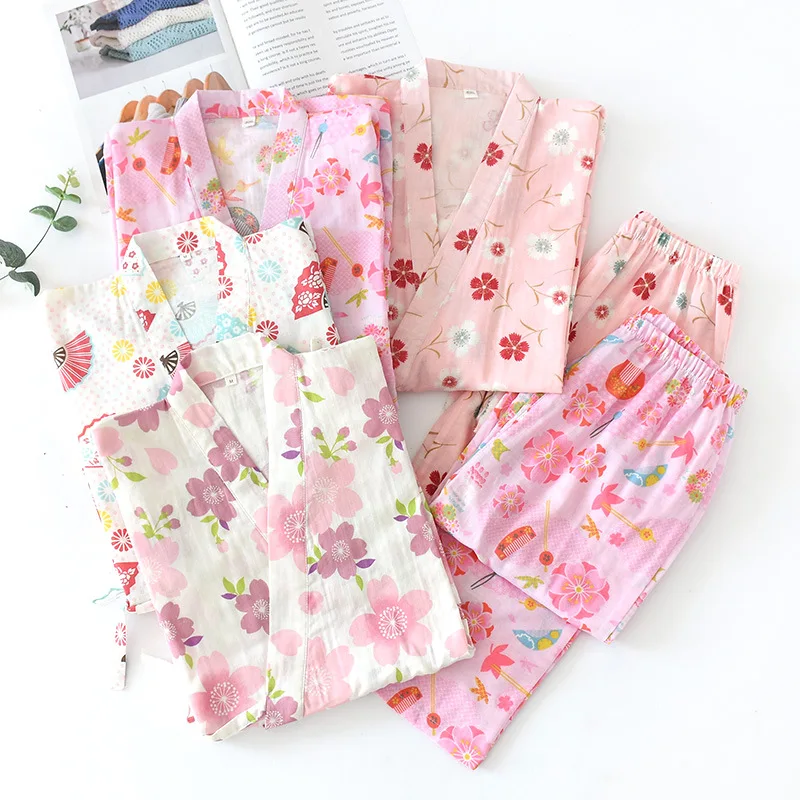 2022 Japanese Kimono Suit Pajamas Spring And Autumn Ladies Cotton Three-Quarter Sleeves Flowers Home Clothes Loose