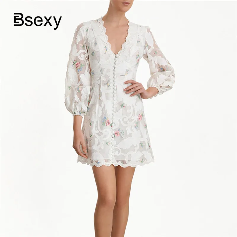 2020 весеннее женское платье с цветочной вышивкой Элегантное однобортное белое