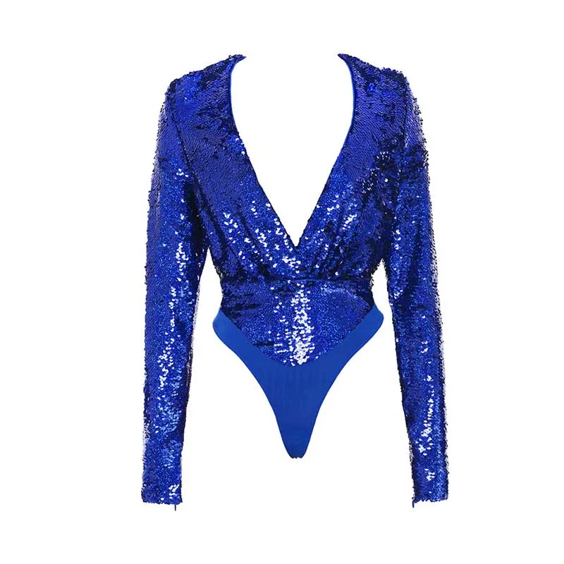 

wholesale 2020 New 2 Piece Set Blue sequins Long-sleeved V-neck Siamese top&skirt sexy Two-piece suit celebrity party dress