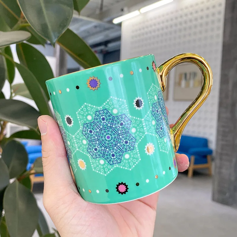 

Moroccan Style Geometric Hexagon Coffee Mug with Glod Handle Ceramic Water Tea Cup Wedding Gift 350ml