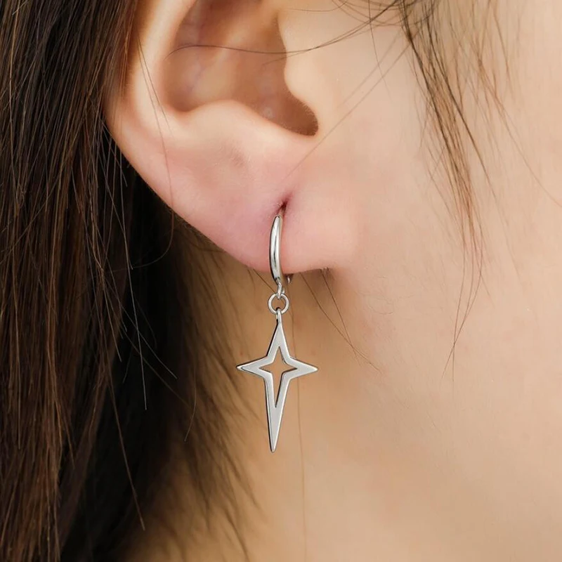 Korean style 925 Sterling Silver Ear Buckle fresh tassel star five-pointed star Earrings Charming Silver Chain Hoop Earrings