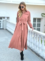womens autumn and winter button single breasted dress soild color medium length long sleeve dress