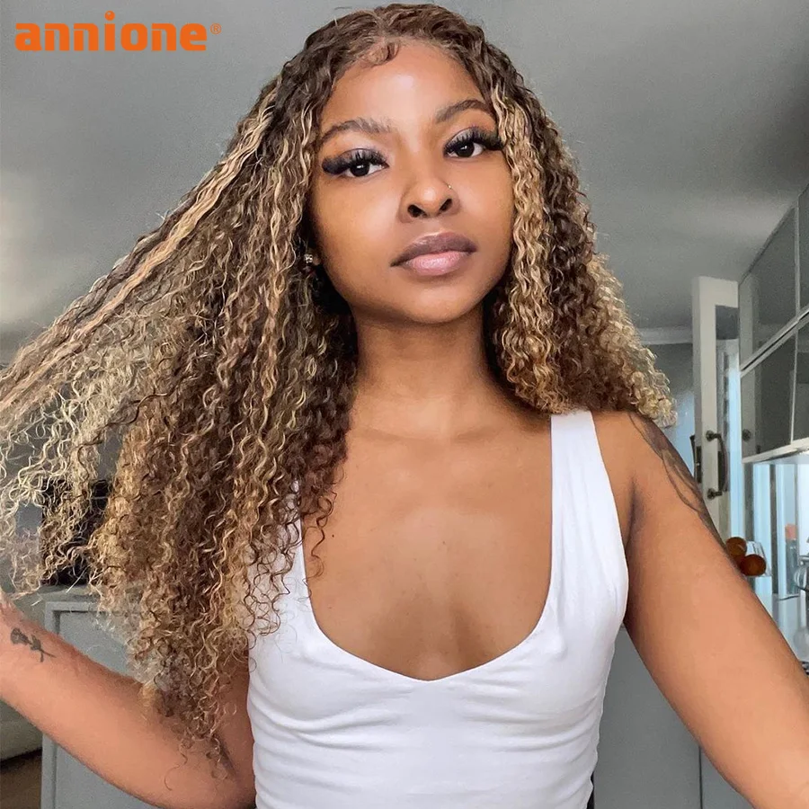 

Ombre Kinky Curly Frontal Wig Honey Blonde Transparent Lace Wig Curly Lace Front Human Hair Wig T Part Highlight Kinky Curly Wig