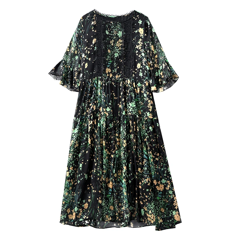 

2021 Spring/Summer New Three-Quarter Sleeve Chiffon Dress Mid-Length High-End Women's Floral Skirt