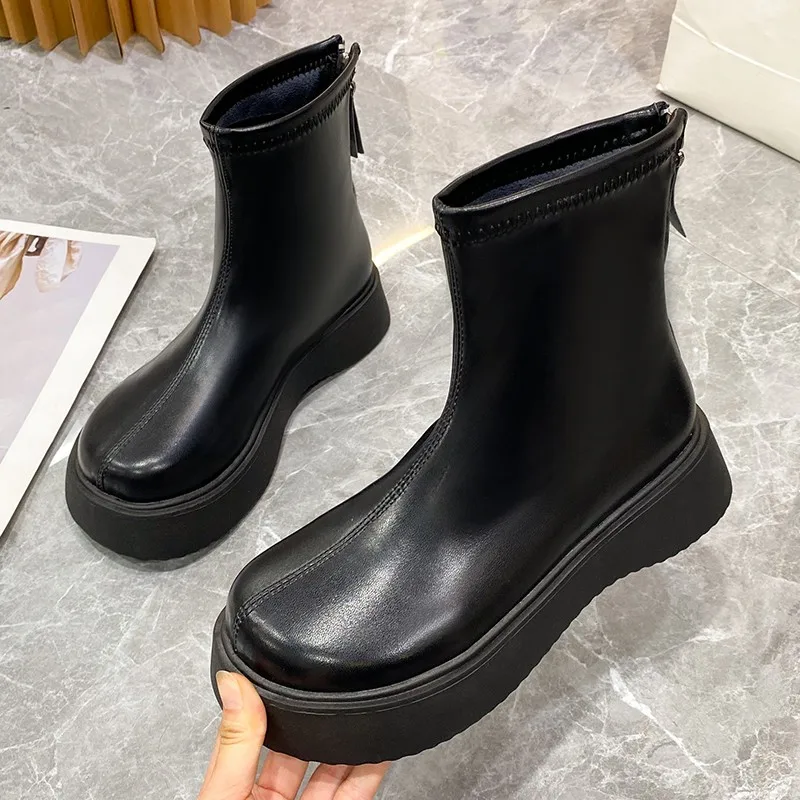 

New Fashion Women's Leather Solid Color Short Boots 2021 Wedge Heel Ankle Boots Ladies High Boots