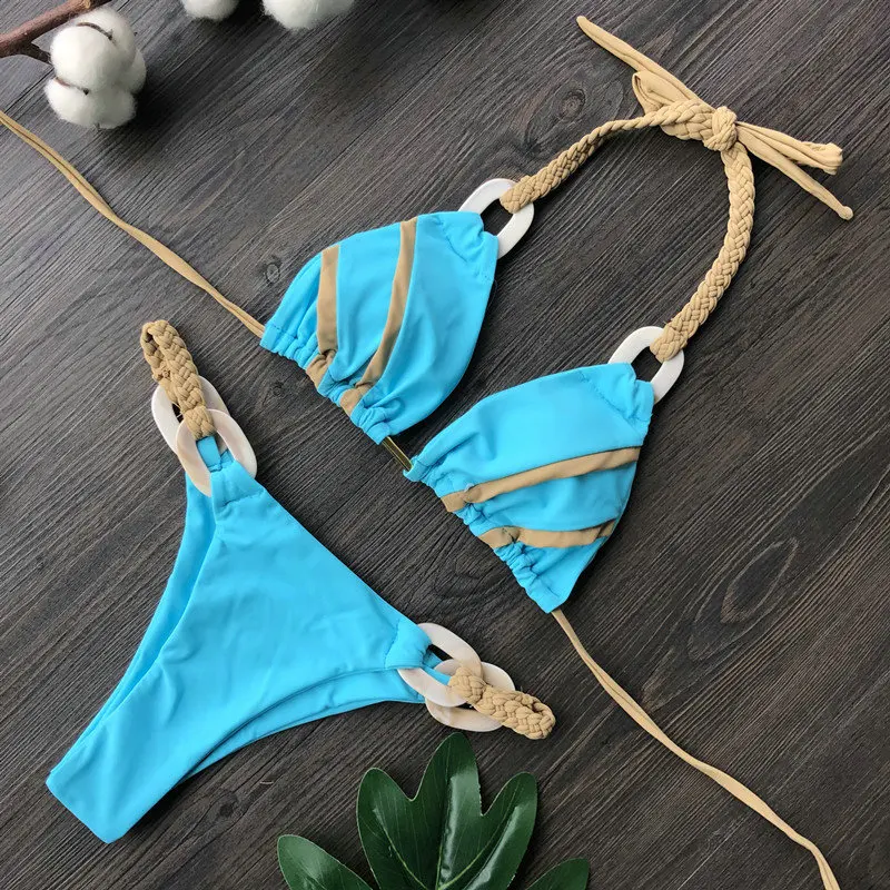 

Sexy Patchwork Swimsuit Strappy Thong Bikini Women 2020 Bathing Suit 2 Pieces Swimwear Women Summer Beach Wear Biquini