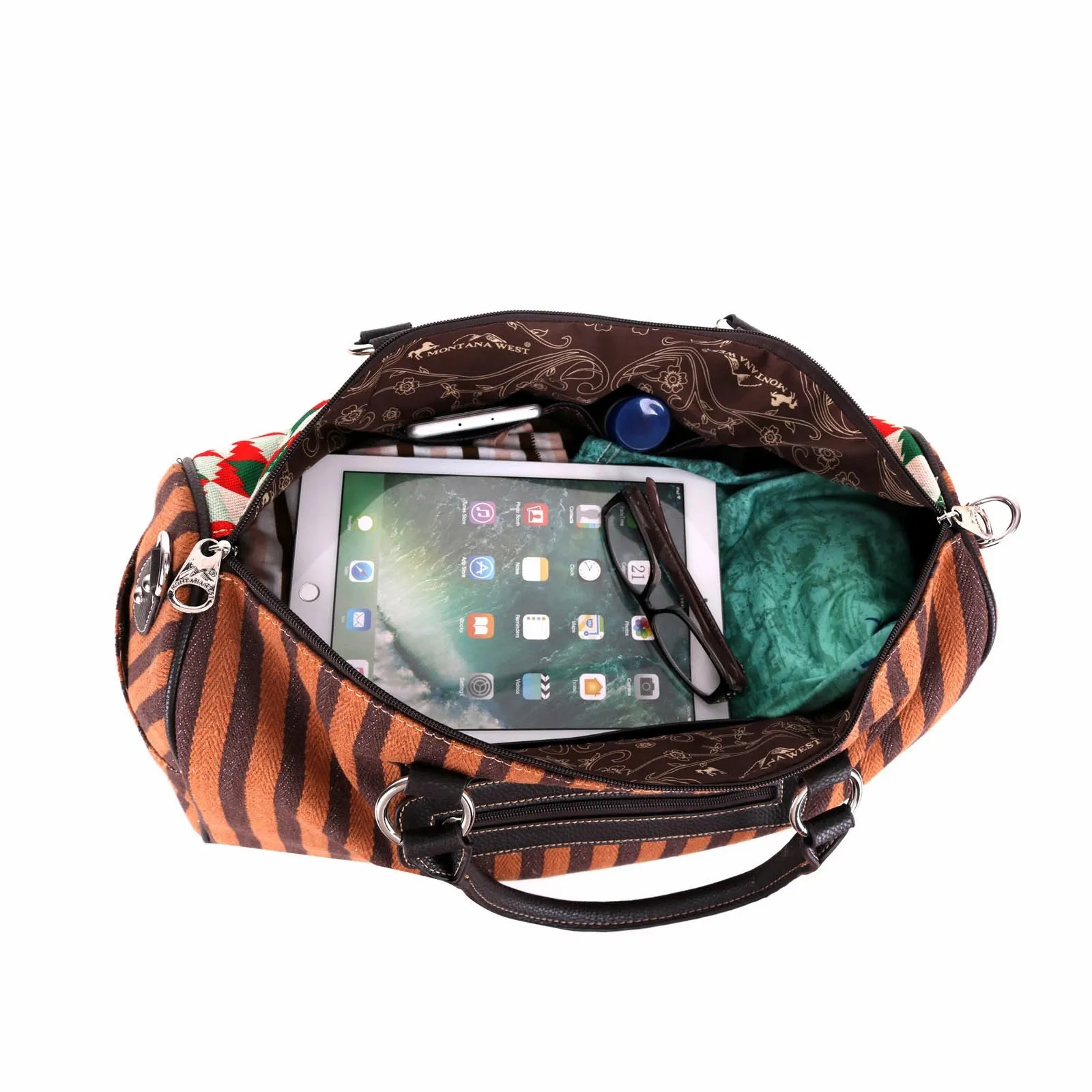 

Aztec Pattern Print Canvas Weekender Bag Coffee Stripe Multifunction Handbag
