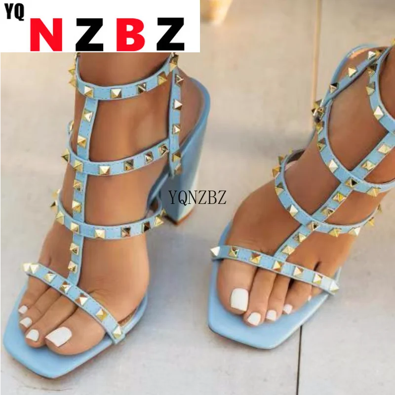

New Women Sandals Summer Luxury Brand Design Rivet High Heels Fashion Women's Thick Heel Sexy Open Toe Sandals Women Shoes