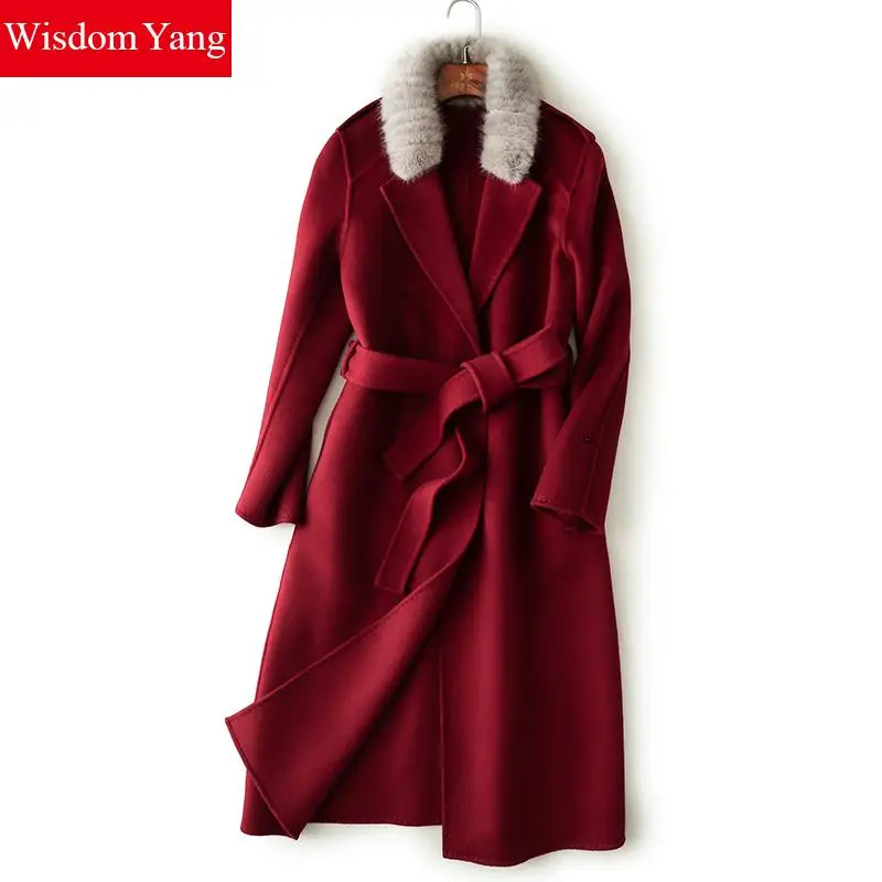 

Wisdom Yang Women's Sheep Wool Coats Purple Wine Red Mink Fur Collar Winter Elegant Trench Long Woolen Overcoat Jackets Casacos