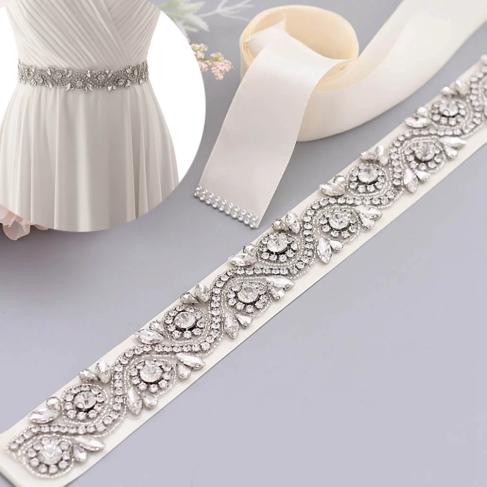 

TOPQUEEN S164 Silver Diamond Belt Bridal Sash Ribbon Belt Rhinestone Pearls Wedding Belt Wedding Dress Belt Evening Dress Belt