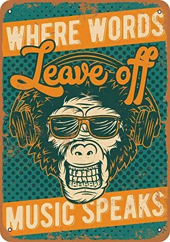 

Monkey with Headphones Music Speaks 12 X 8 Inches Retro Metal Tin Sign - Vintage Art Poster Plaque