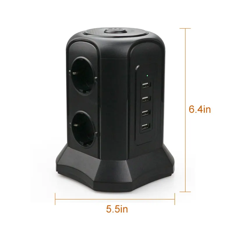 TESSAN Black Tower Power Strip Vertical overload protection with 6 AC Outlets 4 USB Ports 2M Extension Cord for Smartphone Mp3 |