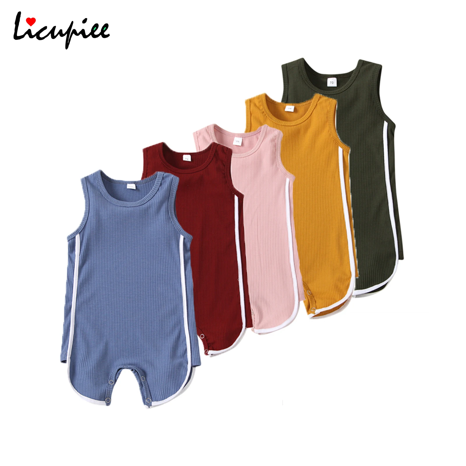 

0-24 Months 5 Colors Baby Summer Rompers, Splicing O-neck Sleeveless Ribbed Jumpsuits with Crotch Buttons Toddlers Boys