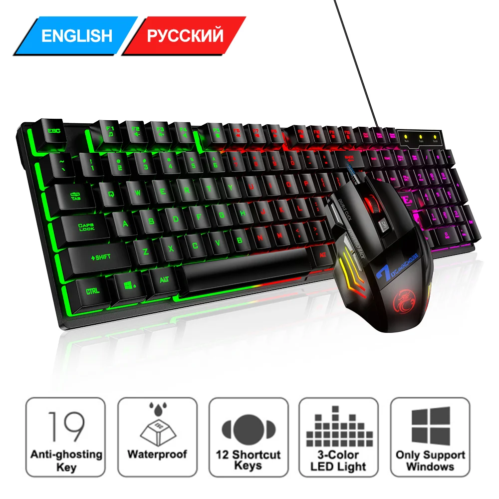Геймерская клавиатура и мышь ПК игровая RGB с подсветкой резиновая проводная