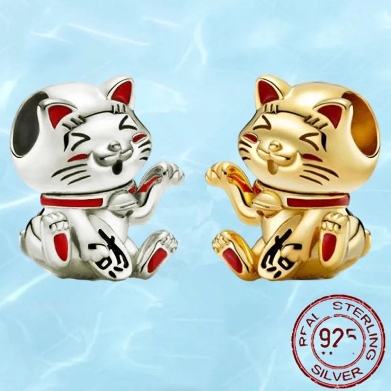

925 Sterling Silver Bead New Hot Sale Cute Lucky Cat Charms Fit Original Pandora Bracelets Women DIY Birthday Jewelry Gifts