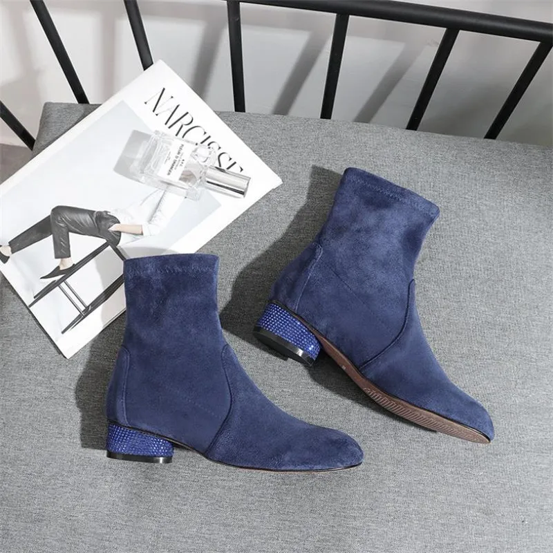 

2019winter rhinestone thick heel female ankle boots trend stretch thin Women boots sheepskin made occident corium women's boots