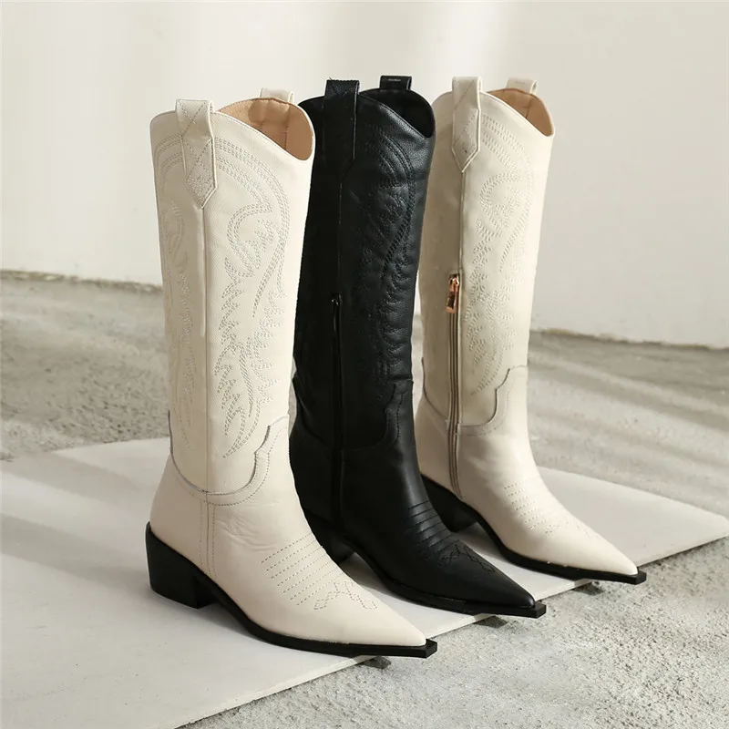 Женские ковбойские сапоги до колена MORAZORA черные из натуральной кожи с острым