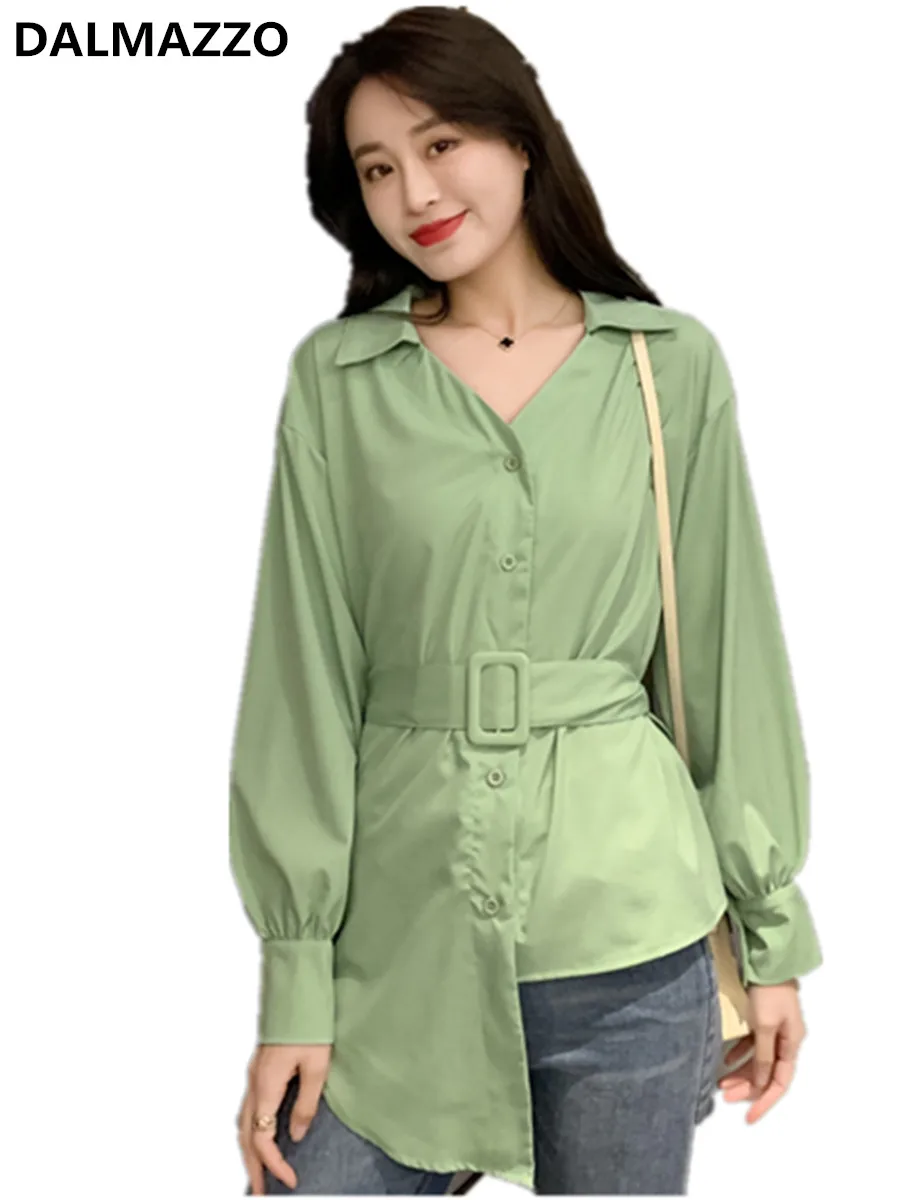 Женская модельная рубашка с поясом черная или зеленая блузка длинным рукавом