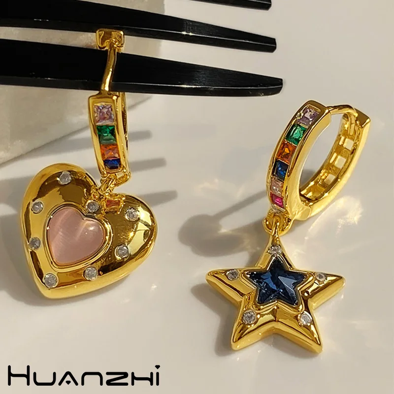 

HUANZHI 2021 новые модные Асимметричные цветные стразы в форме сердца звезды металлические Висячие серьги для женщин и девушек