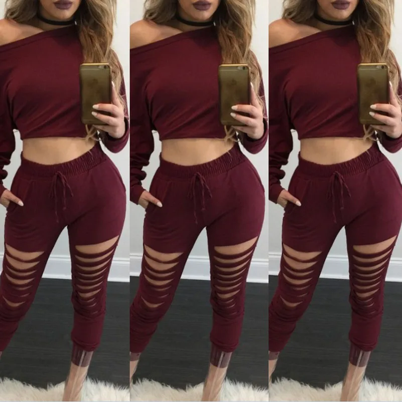 Solid Ripped 2 Two Pieces Set Top and Pants Women Sweatshirts Hollow Out Tracksuits Pcasual Crop Tops Sexy Suit Hoodies Slim |