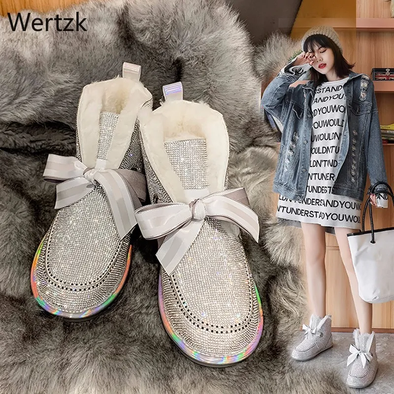 2019 Стразы удерживающие тепло ботинки для снежной погоды женские туфли с бабочкой