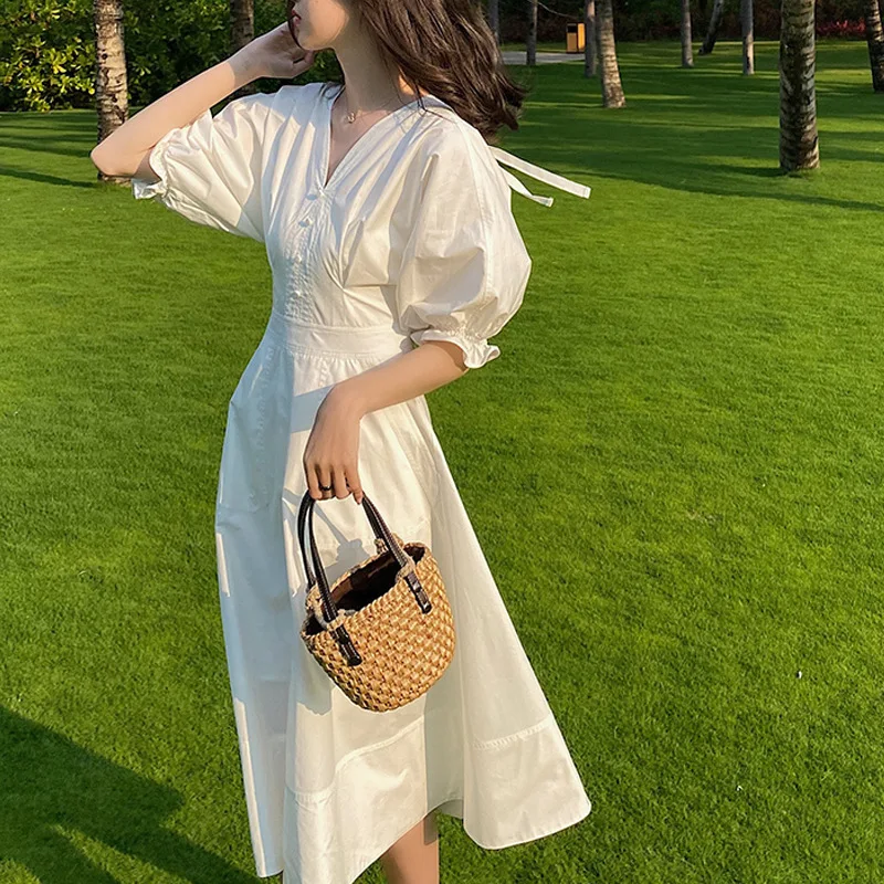 red same dress women's summer V-neck bubble sleeve fashion new thin temperament long A-line trend | Женская одежда