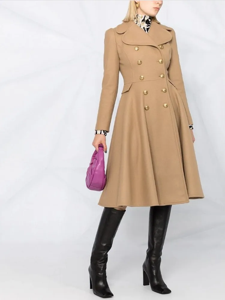 

Doll Collar Winter Coat For Women Fashion Elegant Double Breasted Skirt Style Drape Woolen Overcoat Black Camel Ladies Coats New