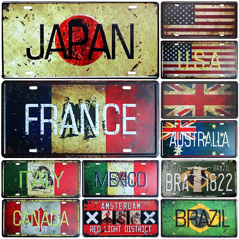 

Japan USA Mexico Italy France Flag Car License Plate Amsterdam Metal Tin Sign Bar Bar Cafe Home Decor Garage Painting