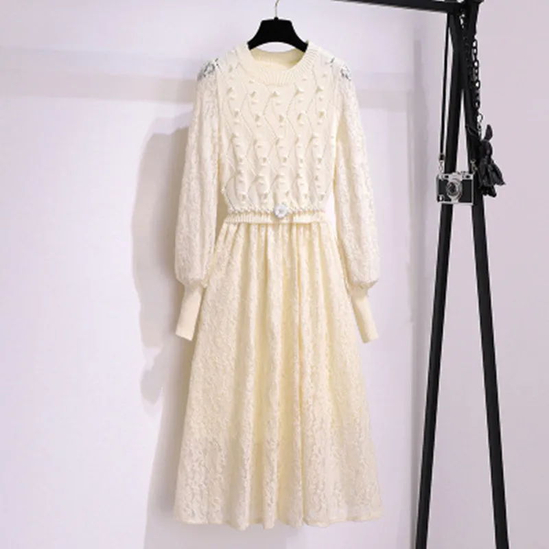 

New Elegant Lace Patchwork O Collar Knitting Dresses Women's Spring Design Beading Long Sleeve Pullover Dress Belt