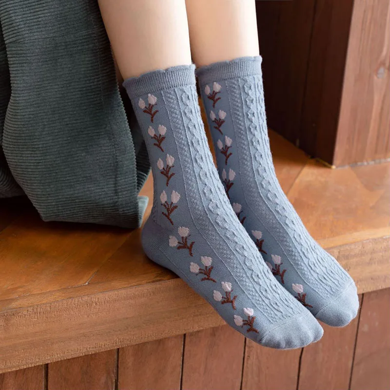 5 Pairs Women Socks  Set Autumn Winter Retro Pure Cotton Ruffle Breathable Cute Socks Floral Japanese Jacquard Middle Tube Hyuna