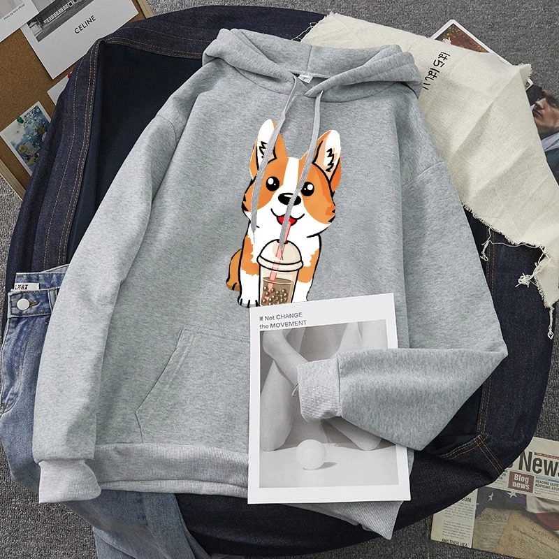 

Student Basic Hoodies Sweatshirt Tops Milk Tea Cup Corgi Fashion Unisex Hoodies Spring Autumn Male Casual Hoodies Sweatshirts