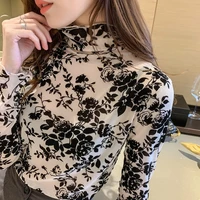korean fashion mesh women blouses office lady shirt and blouse long sleeve floral blusas largas loose womens sexy tops