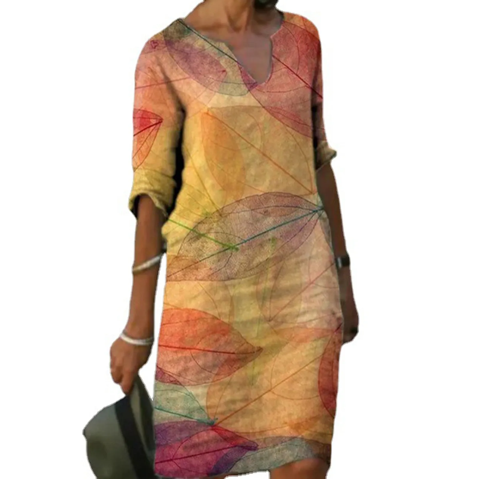 

40# Bohemian straight dress for woman vintage elegant V-Neck Half sleeve dress 2021 Casual Knee length Cotton Linen summer dress