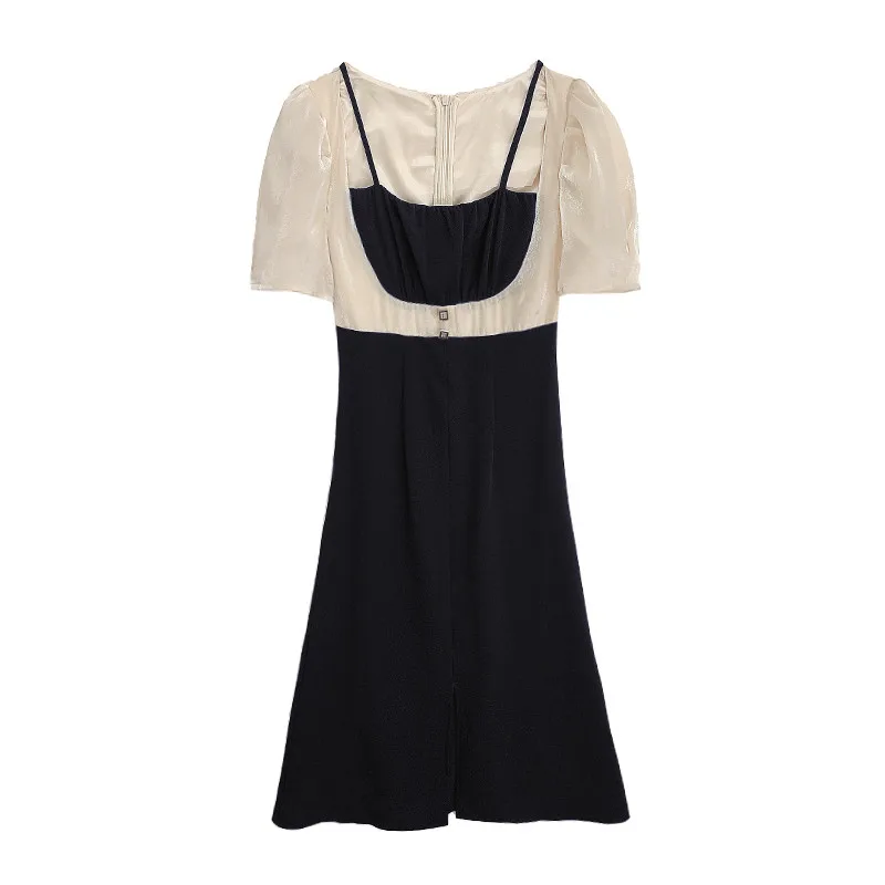 

Female summer new French film hubble-bubble sleeve dress temperament of tall waist short sleeve splicing the a-line skirt