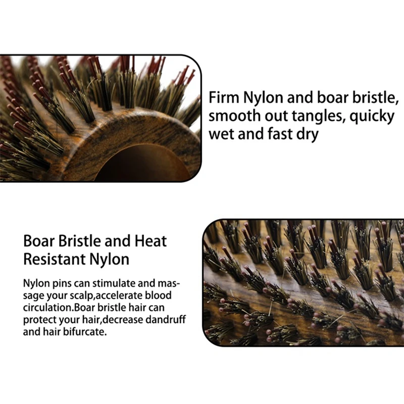 

Wild Boar Bristle Wooden Round Brush Long Hair Styling Comb Curly and Straight Hair Comb