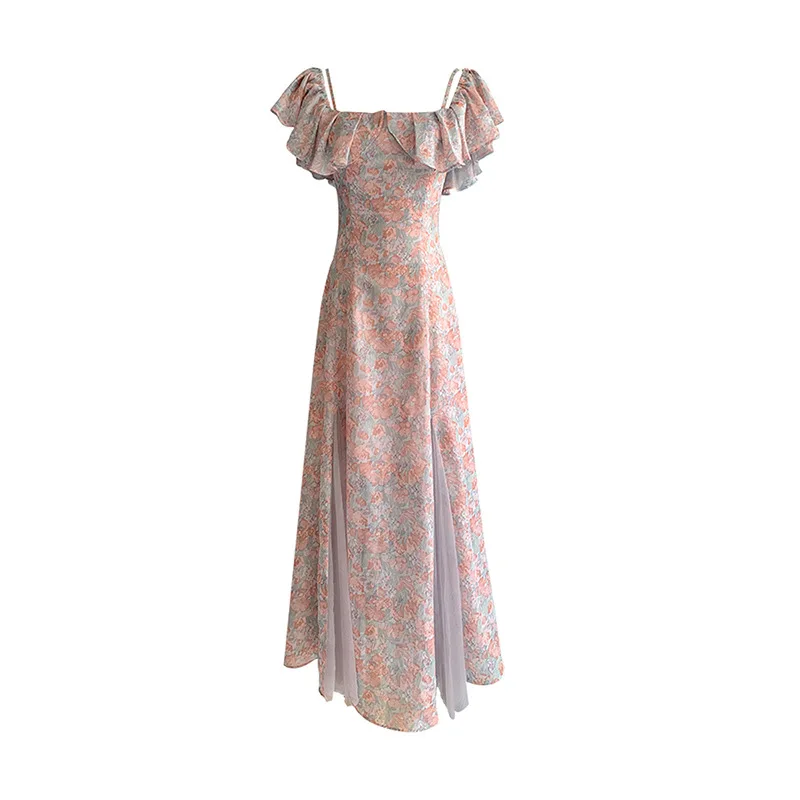 

MCK-A462 Women Dress Purple Floral Chiffon Dress Ruffles Collar Elegant Long Maxi High Quality Casual Sleeveless Sweet Dress