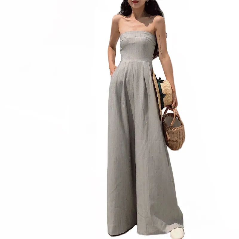 

Off Shoulder Tube Top Women 2021 Summer New Korean Style Fashion Retro Elegant Gray High Waist Slim Jumpsuit Female LR1198